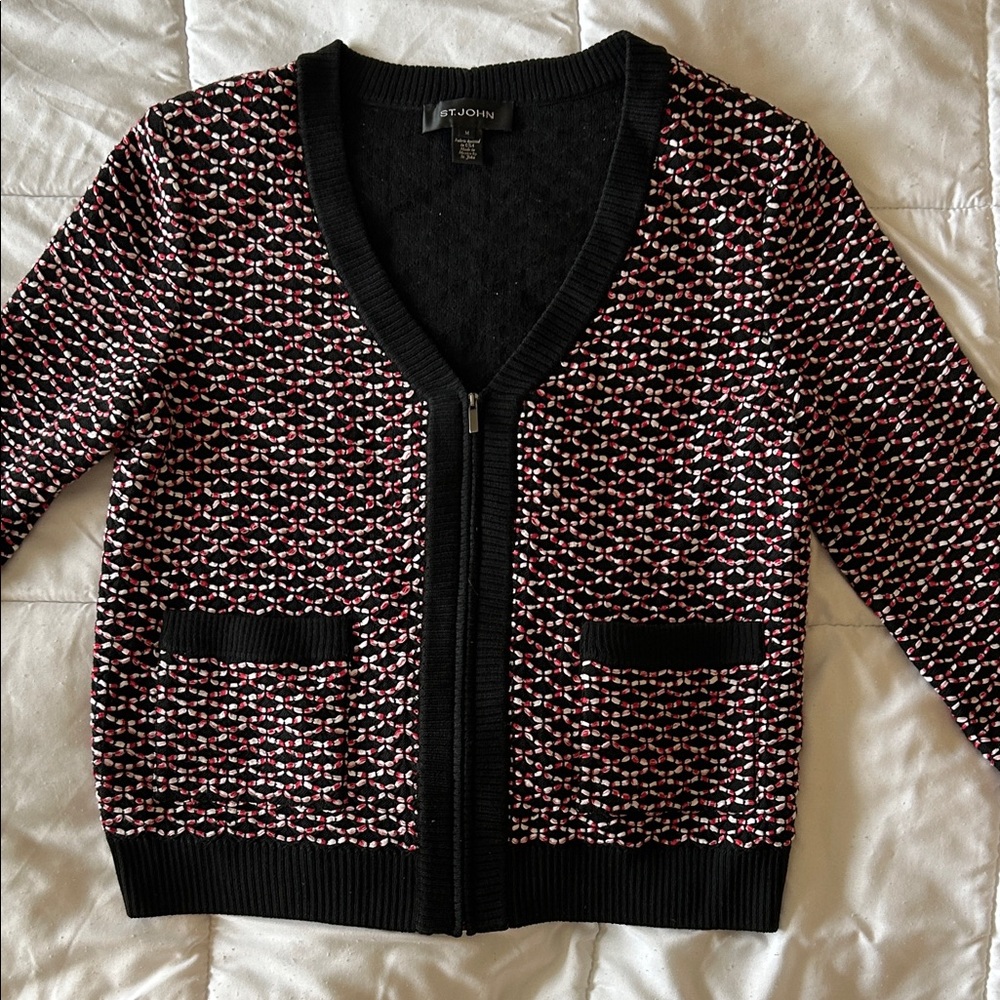 St. John Black and Red Patterned Zip Cardigan